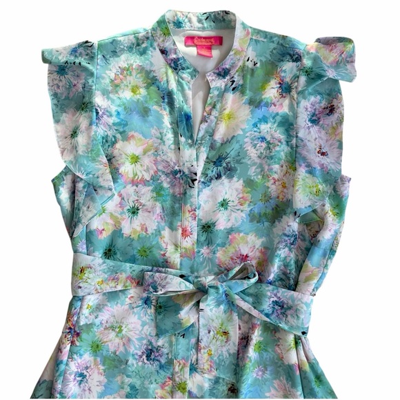 Catherine Malandrino Floral Midi Dress Large Ruffle Belted Pastel Blue Green - Picture 14 of 16